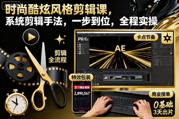 时尚酷炫风格剪辑课，系统剪辑手法，一步到位，全程实操-朽念云创