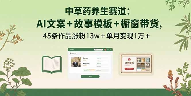中草药养生赛道：AI文案+故事模板+橱带货，45条作品涨粉13w+单月变现1万+-朽念云创