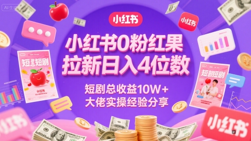 小红书0粉红果短剧拉新日入4位，数短剧总收益10W+大佬实操经验分享-朽念云创