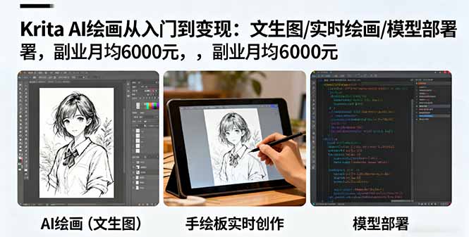 Krita AI绘画从入门到变现：文生图/实时绘画/模型部署，副业月均6000元-朽念云创