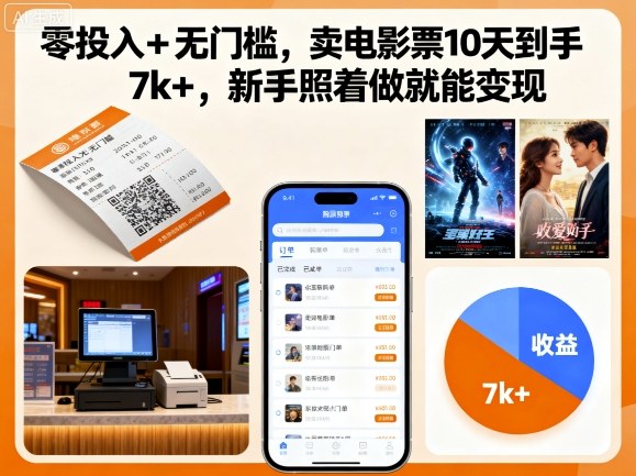 零投入+无门槛,卖电影票10天到手7k+,新手照着做就能变现【揭秘】-朽念云创