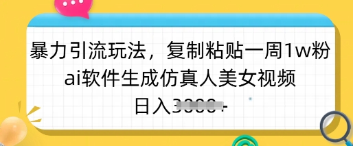 暴力引流玩法，复制粘贴一周1w粉，ai软件生成仿真人美女视频，日入多张-朽念云创