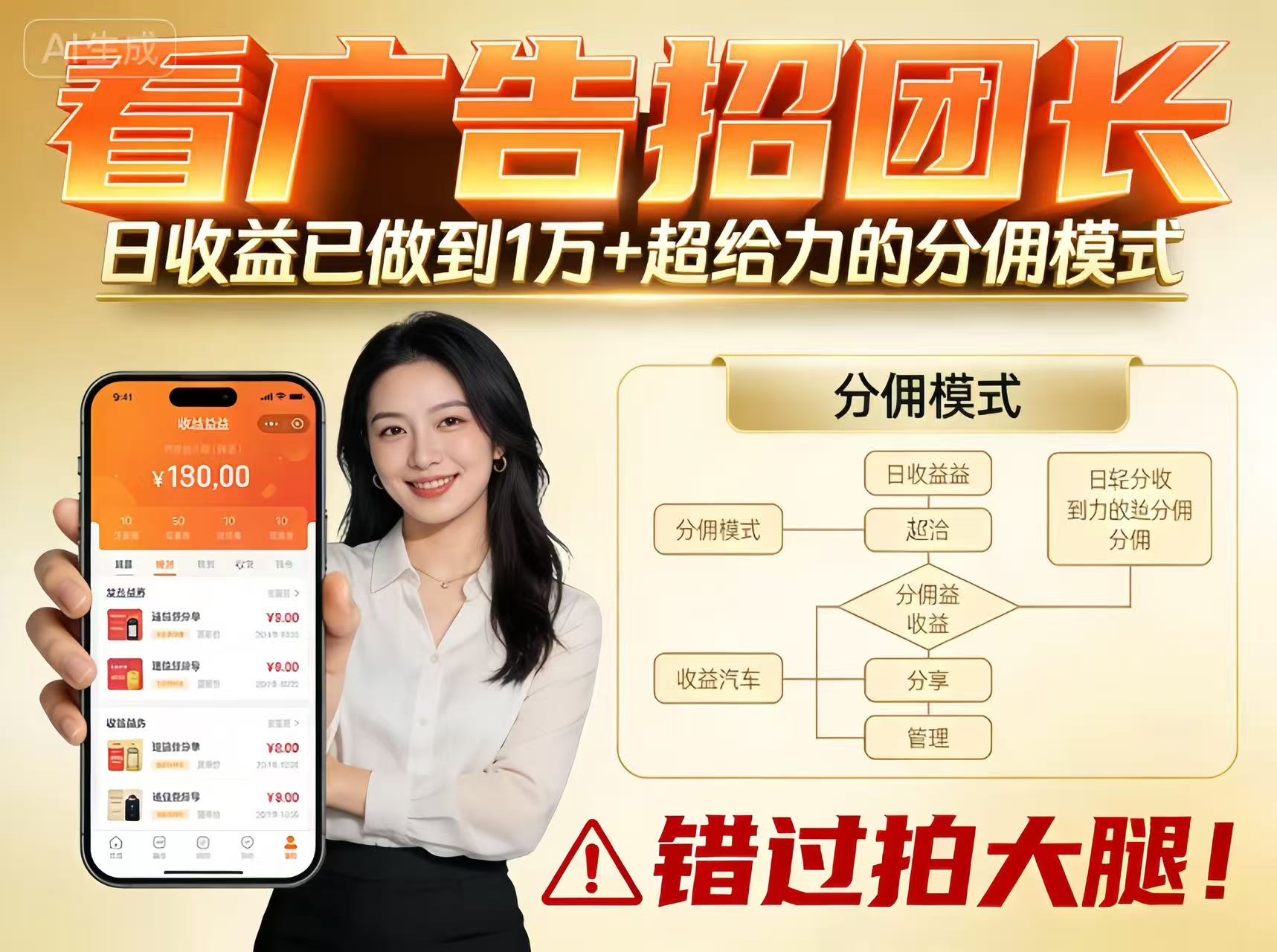 看广告招团长，团队收益已做到日入1万，分佣模式超给力，错过拍大腿-朽念云创