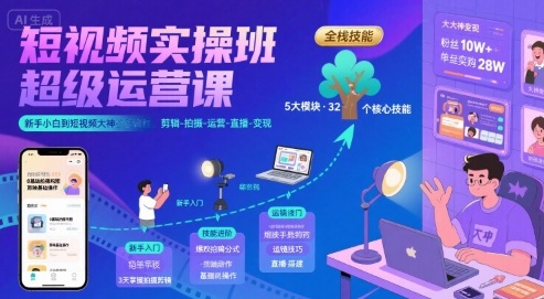 短视频实操班超级运营课，新手小白到短视频大神必修课程，剪辑-拍摄-运营-直播-变现-朽念云创