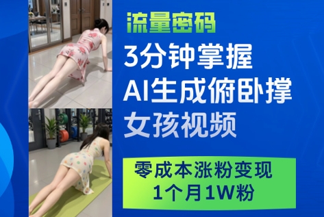 3分钟掌握AI生成俯卧撑女孩视频,零成本涨粉变现,1个月1W粉-朽念云创