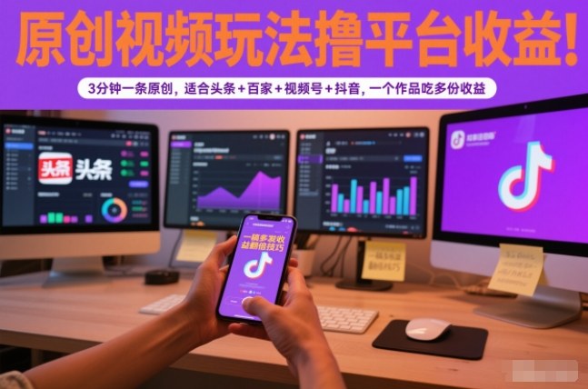 原创视频玩法撸平台收益,3分钟一条原创,适合头条+百家+视频号+抖音,一个作品吃多份收益-朽念云创