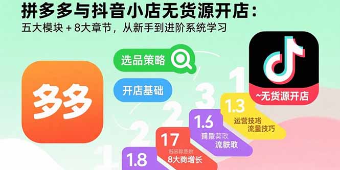 拼多多与抖音小店无货源开店：五大模块+8大章节，从新手到进阶系统学习-朽念云创