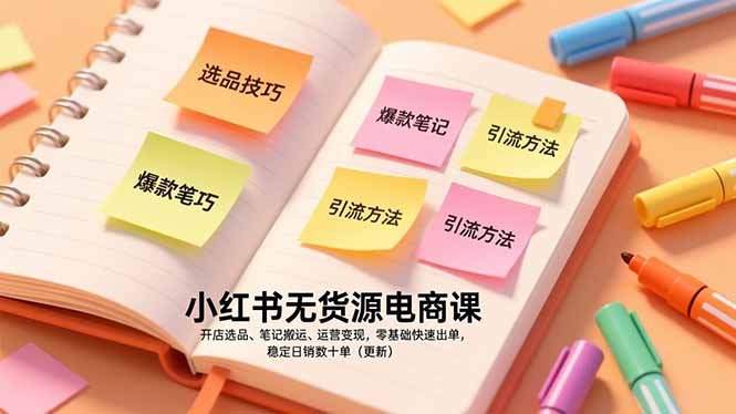 小红书无货源电商课，开店选品、笔记搬运、运营变现，零基础快速出单，稳定日销数十单(更新-朽念云创