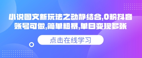 小说推文图文新玩法之动静结合，0粉抖音账号可做，简单粗暴，单日变现多张-朽念云创