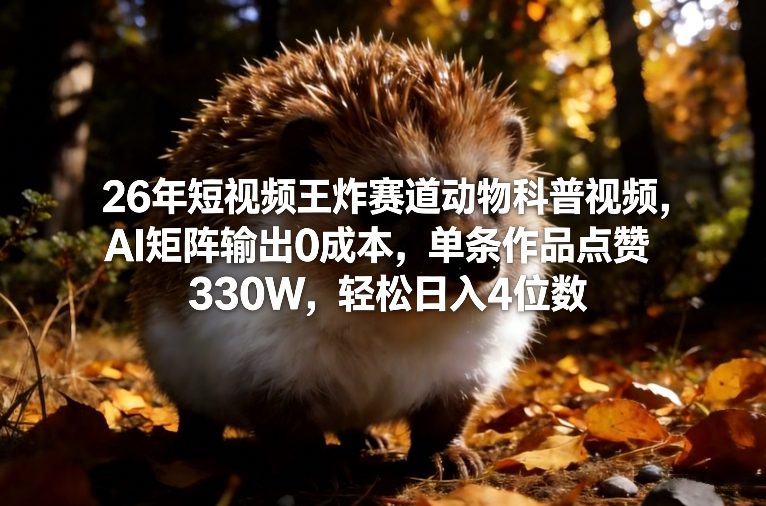 26年短视频王炸赛道动物科普视频，AI矩阵输出0成本，单条作品点赞330W，轻松日入4位数-朽念云创