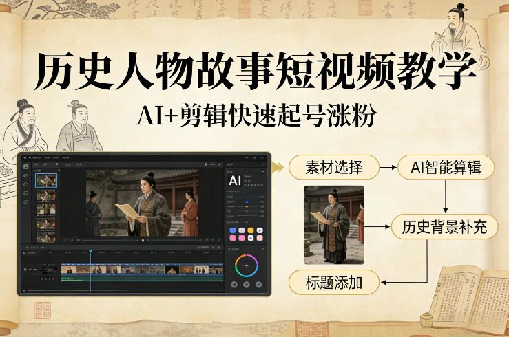 历史人物故事短视频教学，AI+剪辑制作历史人物题材短视频，快速起号涨粉-朽念云创