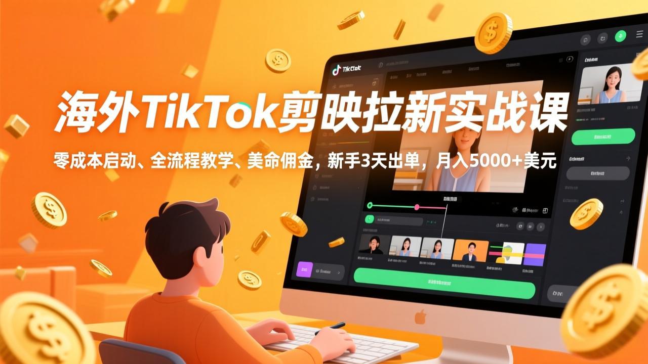 海外TikTok剪映拉新实战课，零成本启动、全流程教学、美金佣金，新手3天出单，月入5000+美元-朽念云创