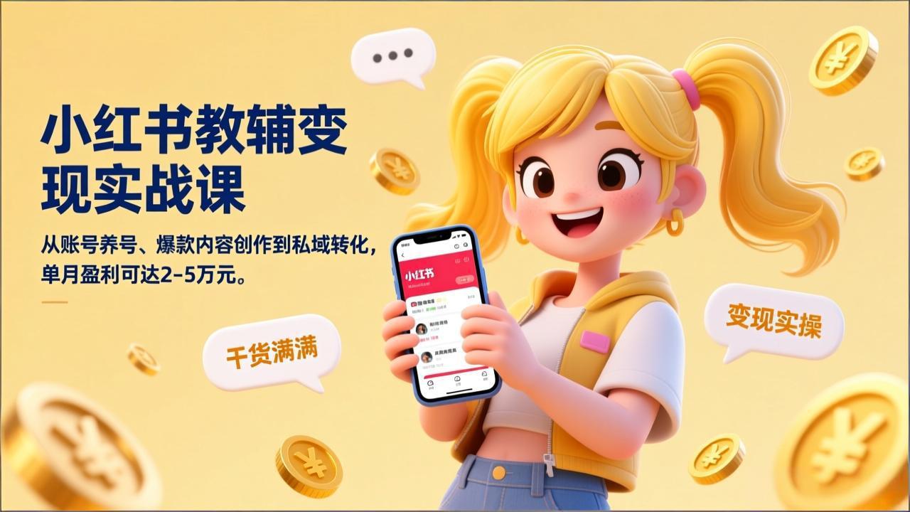 小红书教辅变现实战课，从账号养号、爆款内容创作到私域转化，单月盈利可达2-5万元-朽念云创