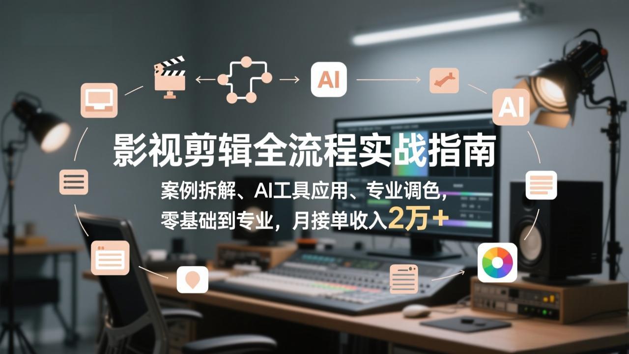 影视剪辑全流程实战指南，案例拆解、AI工具应用、专业调色，零基础到专业，月接单收入2万+-朽念云创