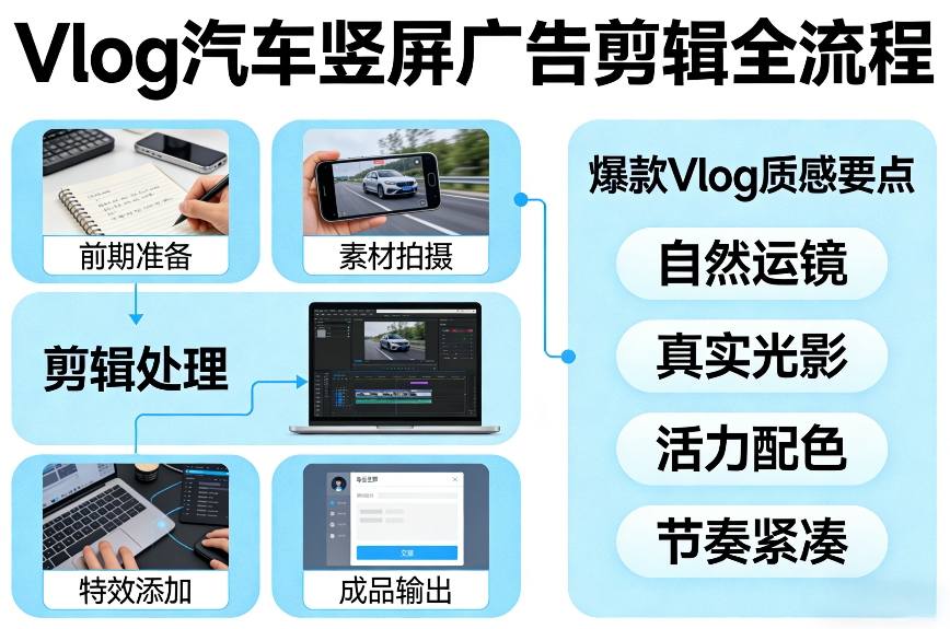 Vlog感觉汽车竖屏广告剪辑脚本全流程，拿捏爆款Vlog质感-朽念云创