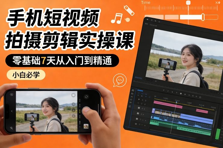 手机短视频拍摄剪辑实操课，零基础7天从入门到精通，小白必学-朽念云创