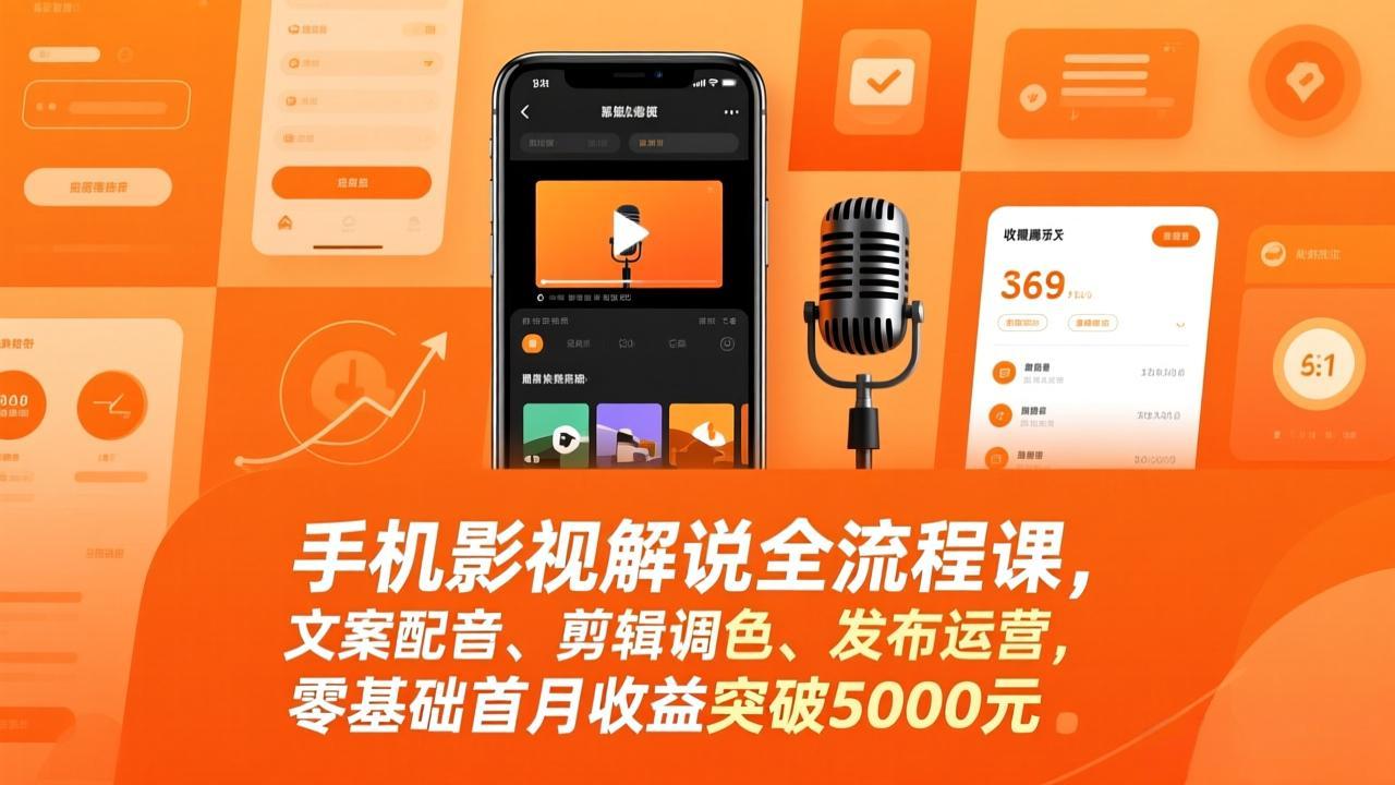 手机影视解说全流程课，文案配音、剪辑调色、发布运营，零基础首月收益突破5000元-朽念云创