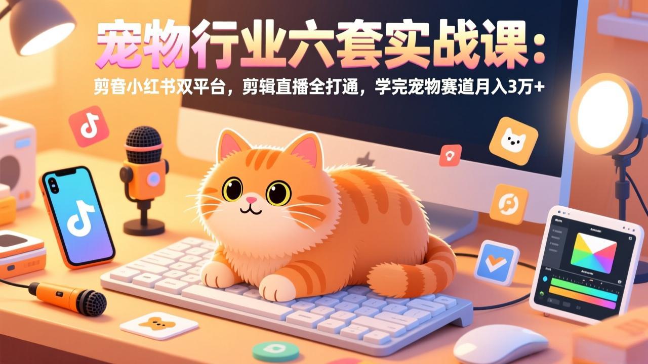 宠物行业六套实战课：抖音小红书双平台，剪辑直播全打通，学完宠物赛道月入3万+-朽念云创