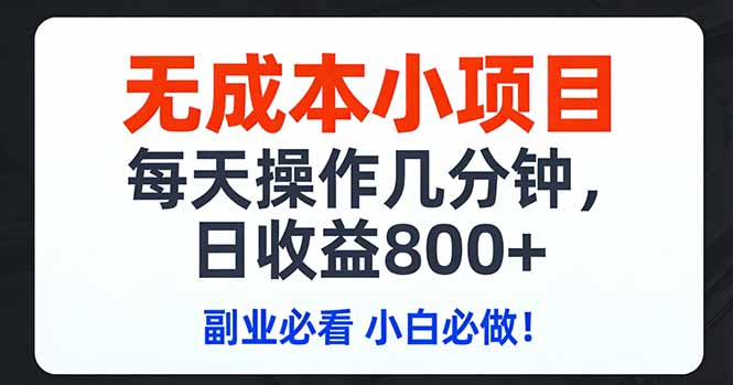 无成本小项目,每天操作几分钟,日收益800+ 副业必看 小白必做！-朽念云创