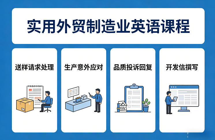 实用外贸制造业英语课程，教你专业处理送样请求、应对生产意外、回复品质投诉、撰写开发信等-朽念云创
