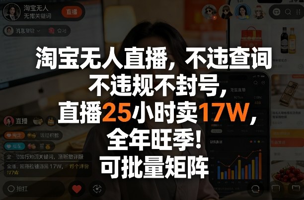 淘宝无人直播，不违规不封号，直播25小时卖17W，全年旺季！可批量矩阵【揭秘】-朽念云创