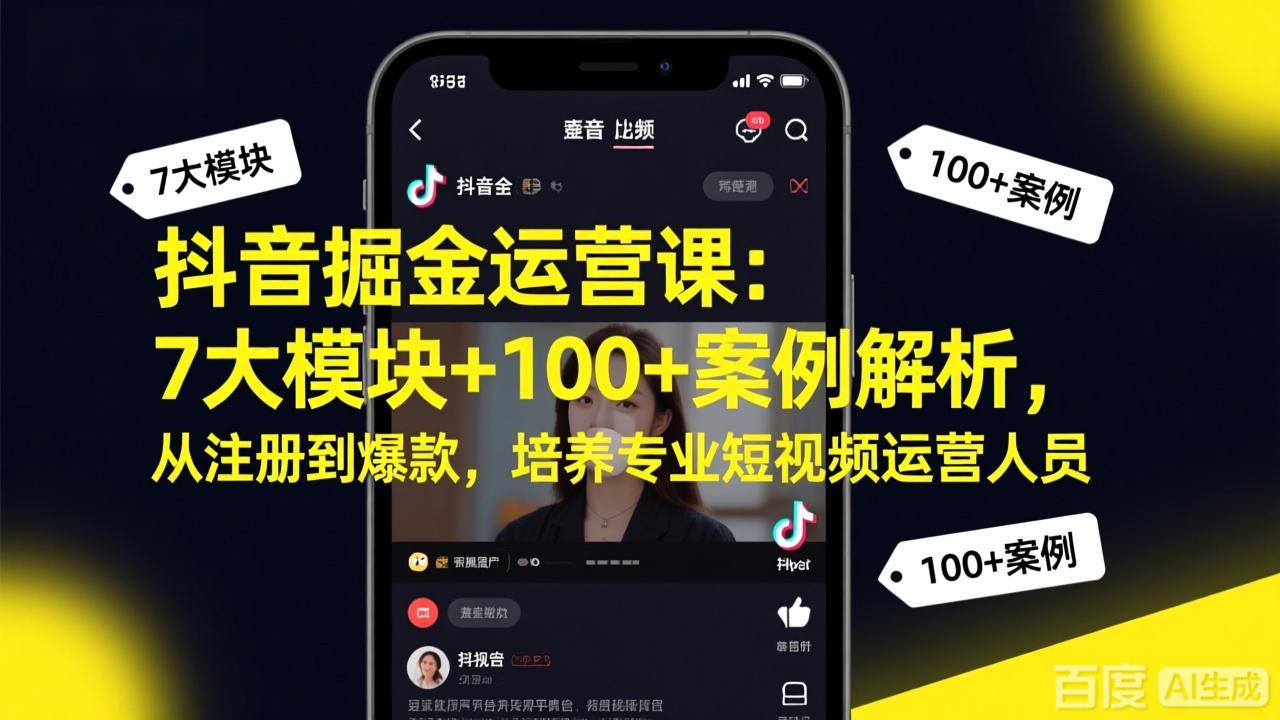 抖音掘金运营课：7大模块+100+案例解析，从注册到爆款，培养专业短视频运营人员-朽念云创