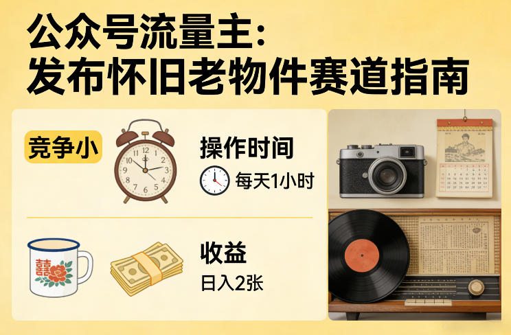 公众号流量主之发布怀旧老物件赛道，竞争小，每天操作1小时，日入2张-朽念云创