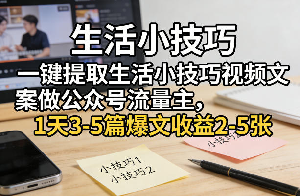 一键提取生活小技巧视频文案做公众号流量主，1天3-5篇爆文收益2-5张-朽念云创