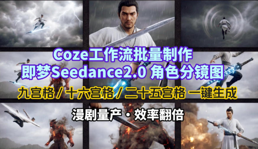 Coze工作流批量制作即梦Seedance2.0角色分镜图，九宫格-十六宫格-二十五宫格一键生成，漫剧量产，效率翻倍-朽念云创