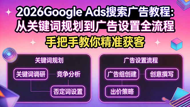 2026Google Ads搜索广告教程：从关键词规划到广告设置全流程，手把手教你精准获客-朽念云创