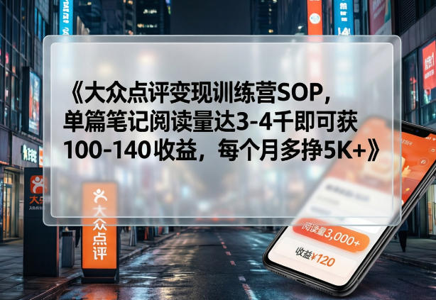 大众点评变现训练营SOP，单篇笔记阅读量达3-4千即可获100-140收益，每个月多挣5K+-朽念云创
