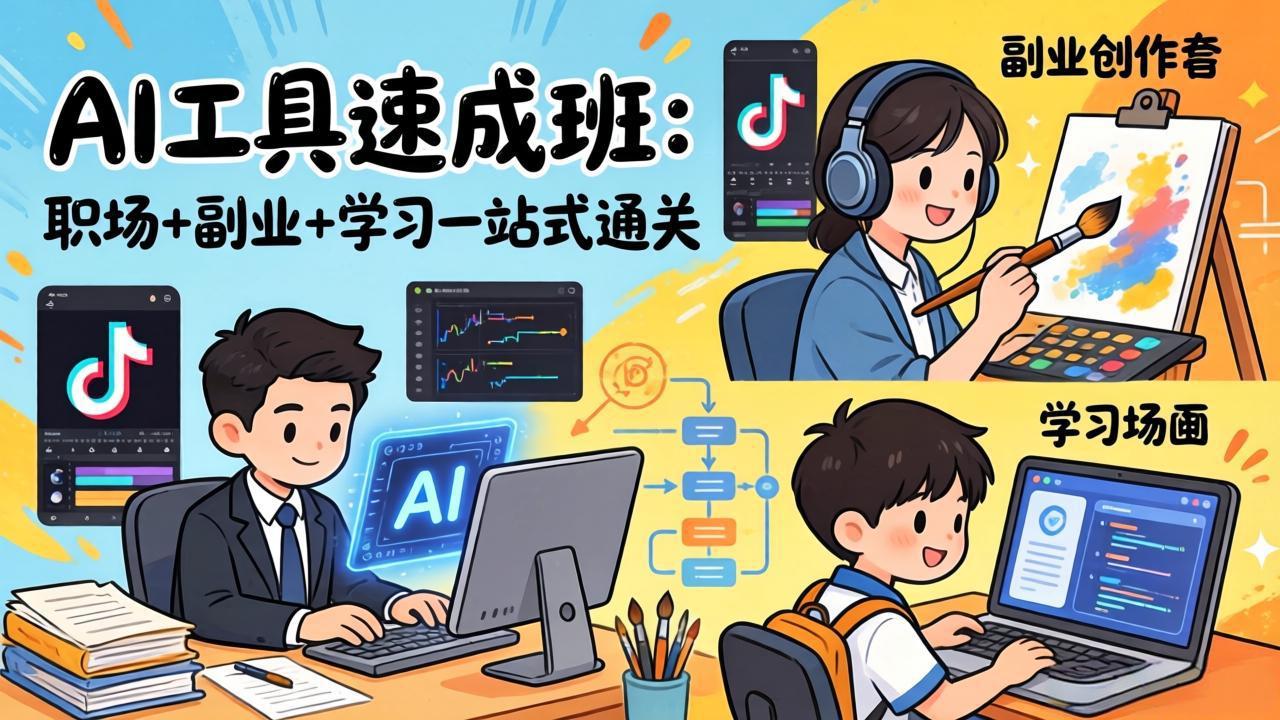 AI工具速成班：职场+副业+学习一站式通关，20+爆款类型+剪映技巧+抖音算法，0基础快速上手-朽念云创