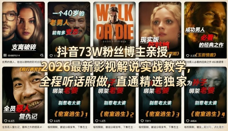 抖音73W粉丝博主亲授，2026最新影视解说实战教学，全程听话照做，直通精选独家-朽念云创