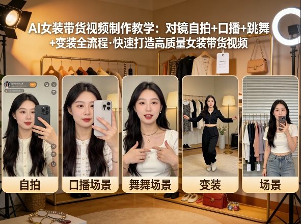AI女装带货视频制作教学，对镜自拍、口播、跳舞、变装全流程，快速打造高质量女装带货视频-朽念云创