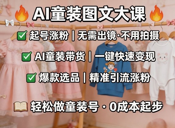 AI童装图文剪辑，某社群童装图文大课，起号涨粉、AI童装带货、爆款选品，无需出镜和拍摄-朽念云创