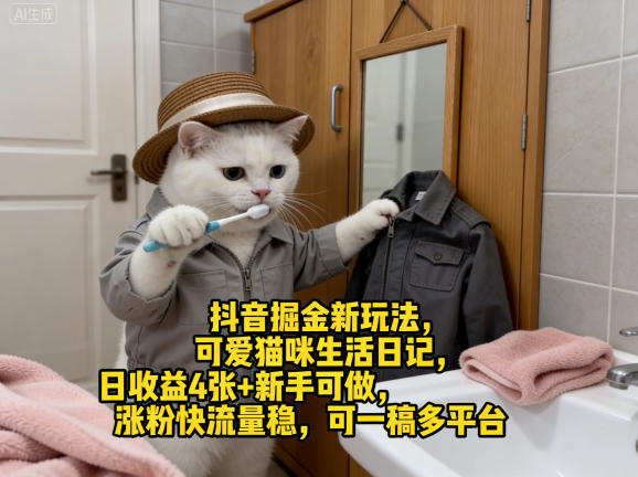 抖音掘金新玩法，可爱猫咪生活日记，日收益4张+新手可做，涨粉快流量稳，可一稿多平台-朽念云创