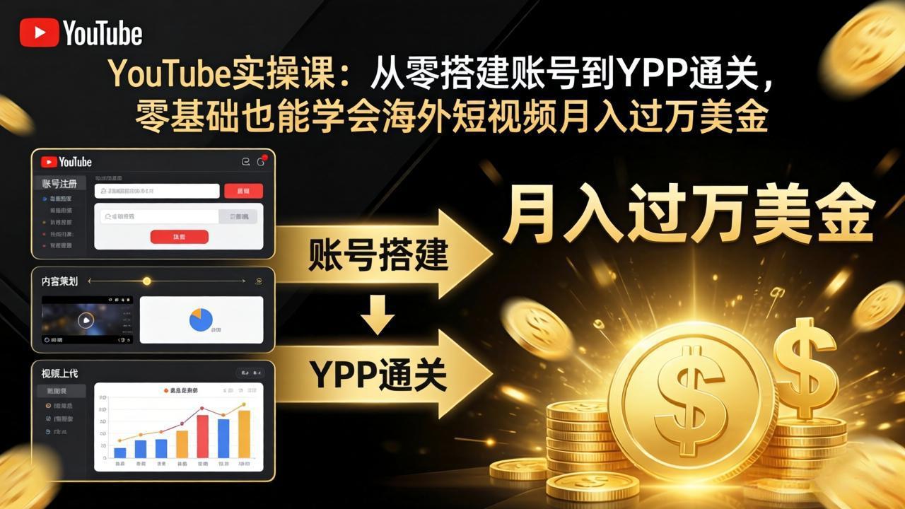 YouTube实操课：从零搭建账号到YPP通关，零基础也能学会海外短视频月入过万美金-朽念云创