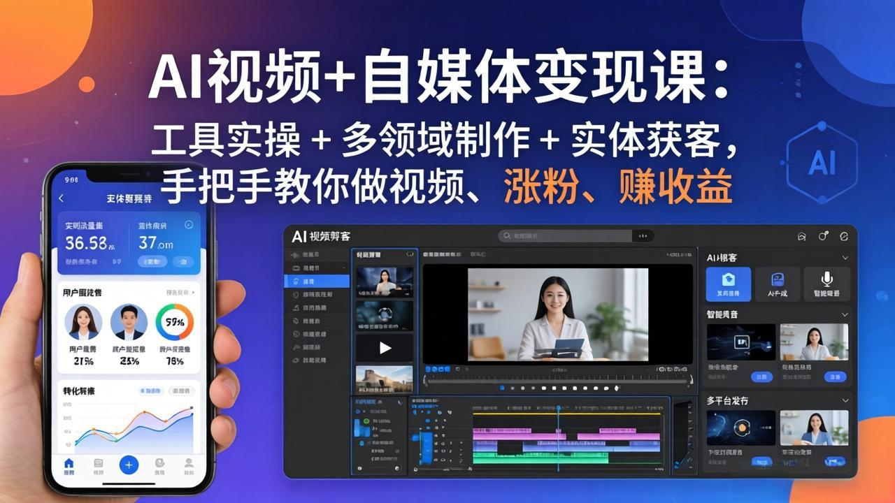 AI视频+自媒体变现课：工具实操 + 多领域制作 + 实体获客，手把手教你做视频、涨粉、赚收益-朽念云创
