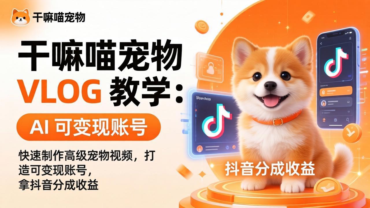 干嘛喵宠物 VLOG 教学：AI 快速制作高级宠物视频，打造可变现账号，拿抖音分成收益-朽念云创