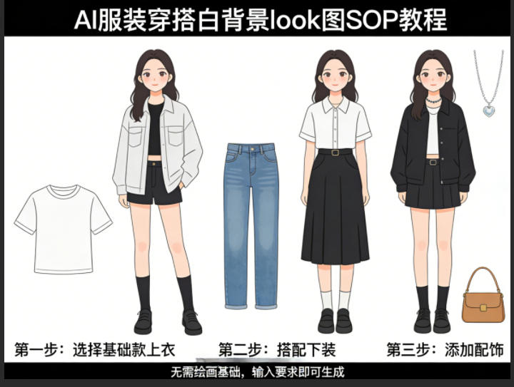 AI服装穿搭白背景look图SOP教程，不用会画画，提几句具体要求，AI就能还你一个奇迹-朽念云创