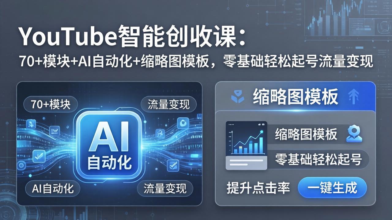 YouTube智能创收课：70+模块+AI自动化+缩略图模板，零基础轻松起号流量变现-朽念云创