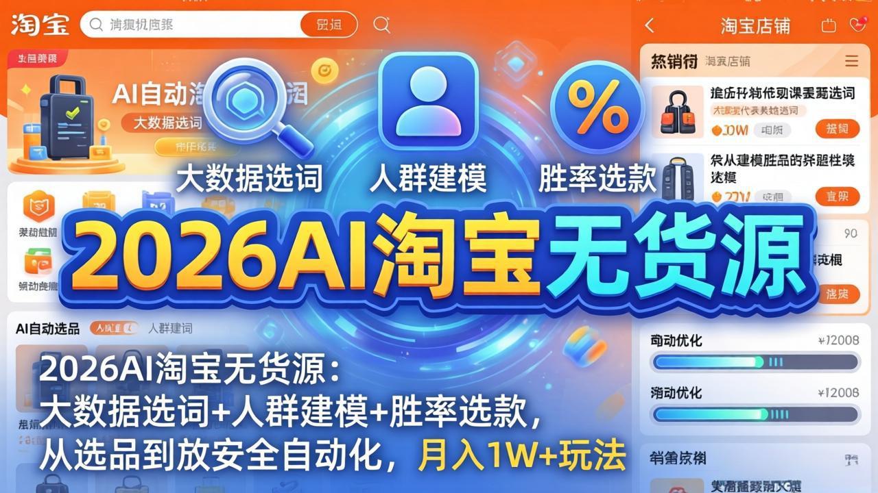 2026AI淘宝无货源-4月更新：大数据选词+人群建模+胜率选款，从选品到放大全自动化，月入1W+玩法-朽念云创