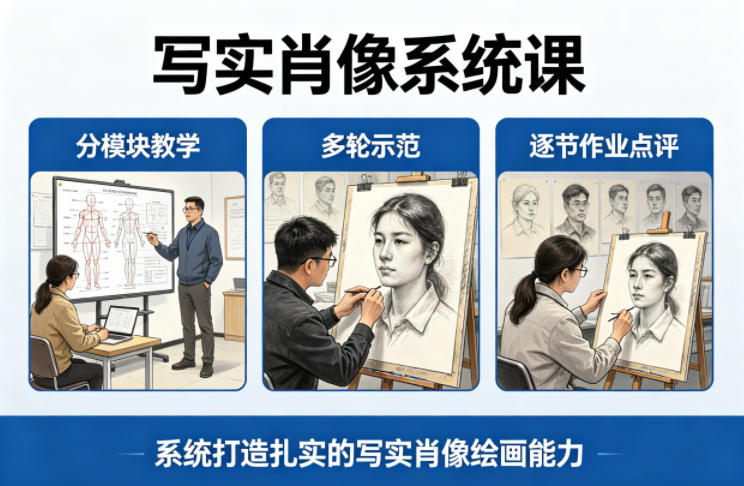 写实肖像系统课，全程分模块教学+多轮示范+逐节作业点评，系统打造扎实的写实肖像绘画能力-朽念云创