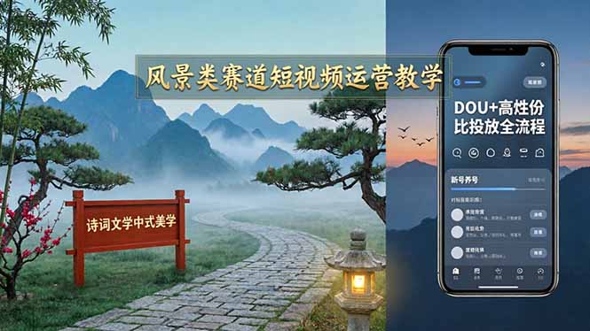 风景类赛道短视频运营教学：诗词文学中式美学，新号养号对标账号定位，DOU+高性价比投放全流程-朽念云创