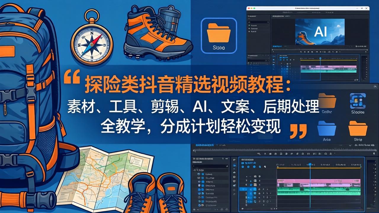 探险类抖音精选视频教程：素材、工具、剪辑、AI、文案、后期处理全教学，分成计划轻松变现-朽念云创