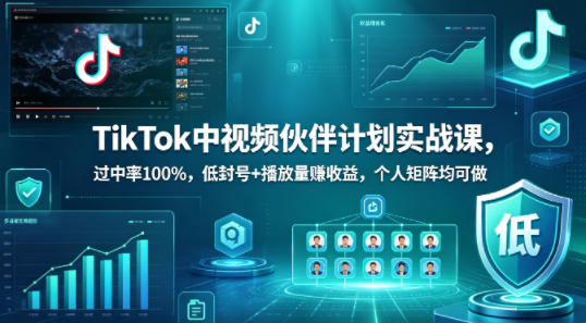 TikTok中视频伙伴计划实战课，过中率100%，低封号+播放量賺收益，个人矩阵均可做-朽念云创