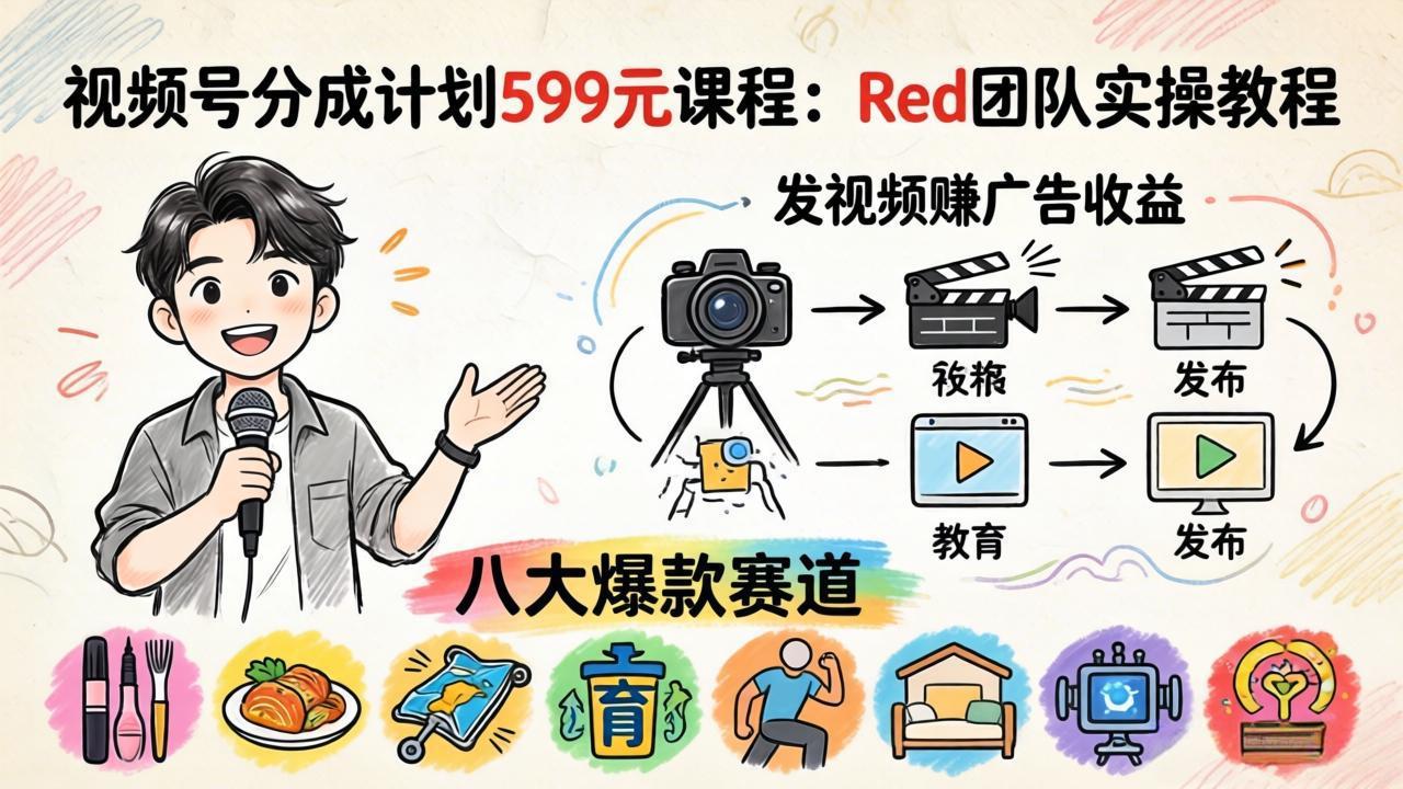 视频号分成计划599元课程：Red团队实操教程，发视频赚广告收益，八大爆款赛道全掌握-朽念云创