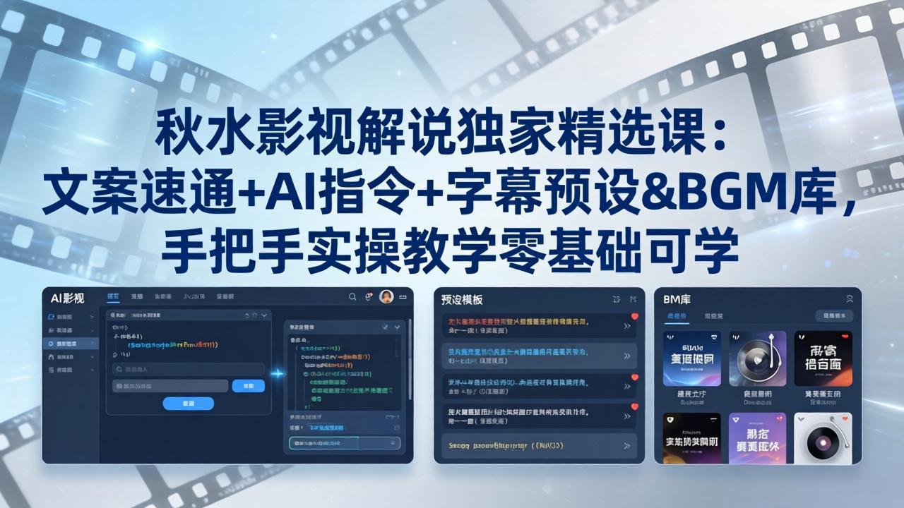 秋水影视解说独家精选课：文案速通+AI指令+字幕预设+BGM库，手把手实操教学零基础可学-朽念云创