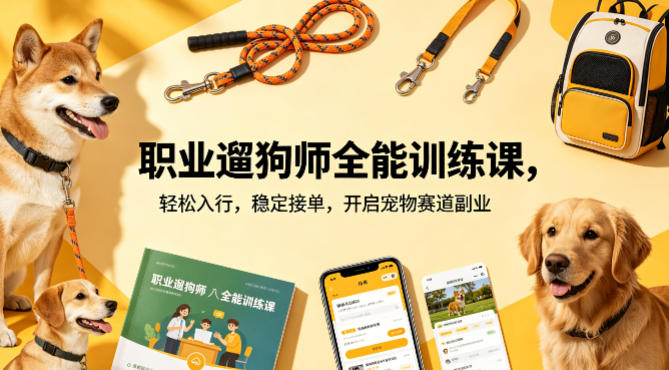 职业遛狗师全能训练课，轻松入行，稳定接单，开启宠物赛道副业-朽念云创