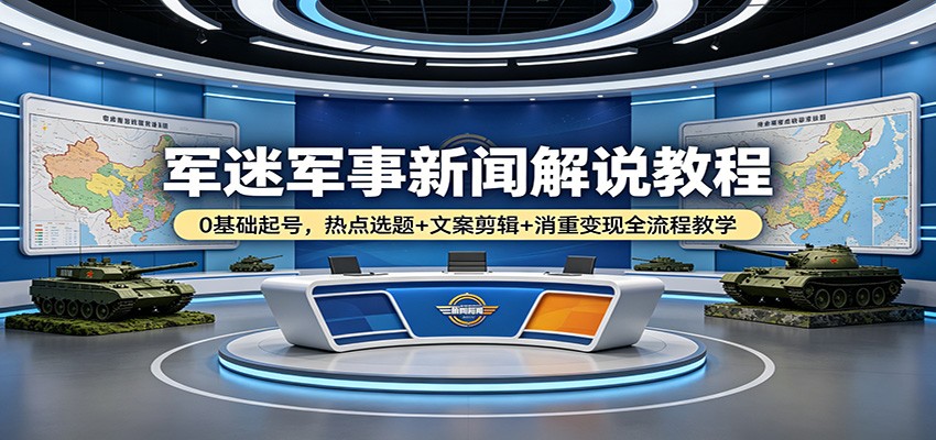 军迷军事新闻解说教程：0基础起号，热点选题+文案剪辑+消重变现全流程教学-朽念云创